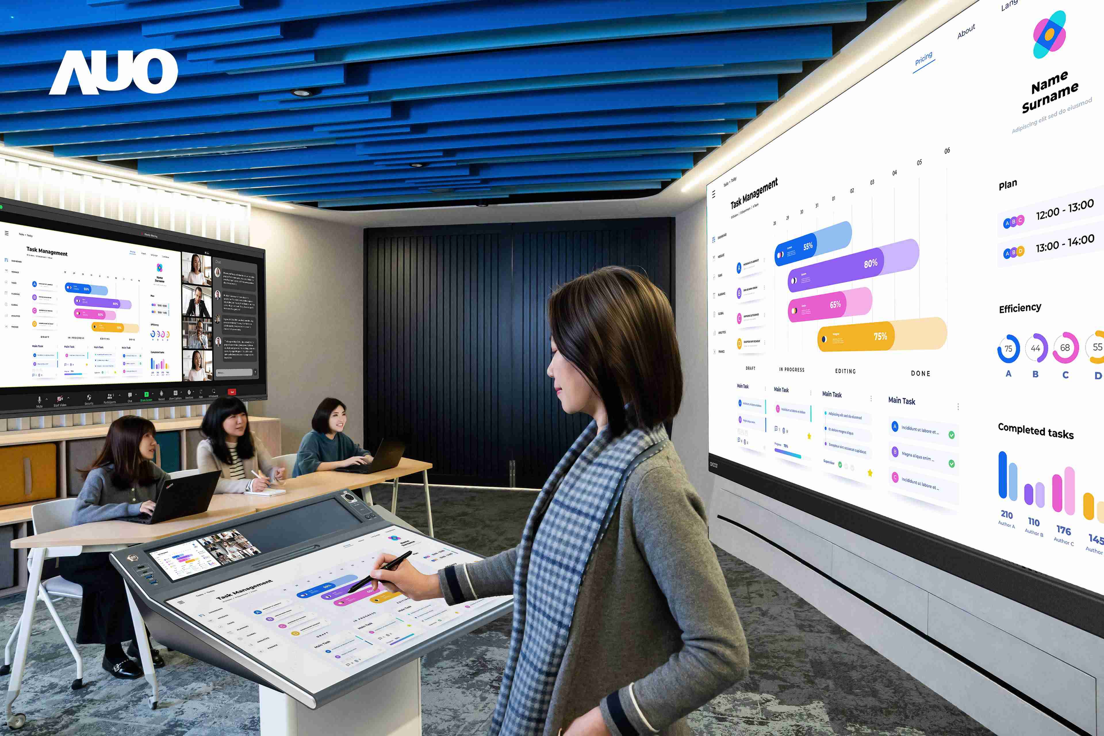 达擎携手Avocor与Rise Vision展示全方位商务领域应用，，，，包含采用模块化设计的138吋一体式All-in-One LED显示器及具21:9超宽比例的92吋交互式电子白板（IFPD），，讲者可轻松分享内容，，，有效提升会议协作效率。。。。